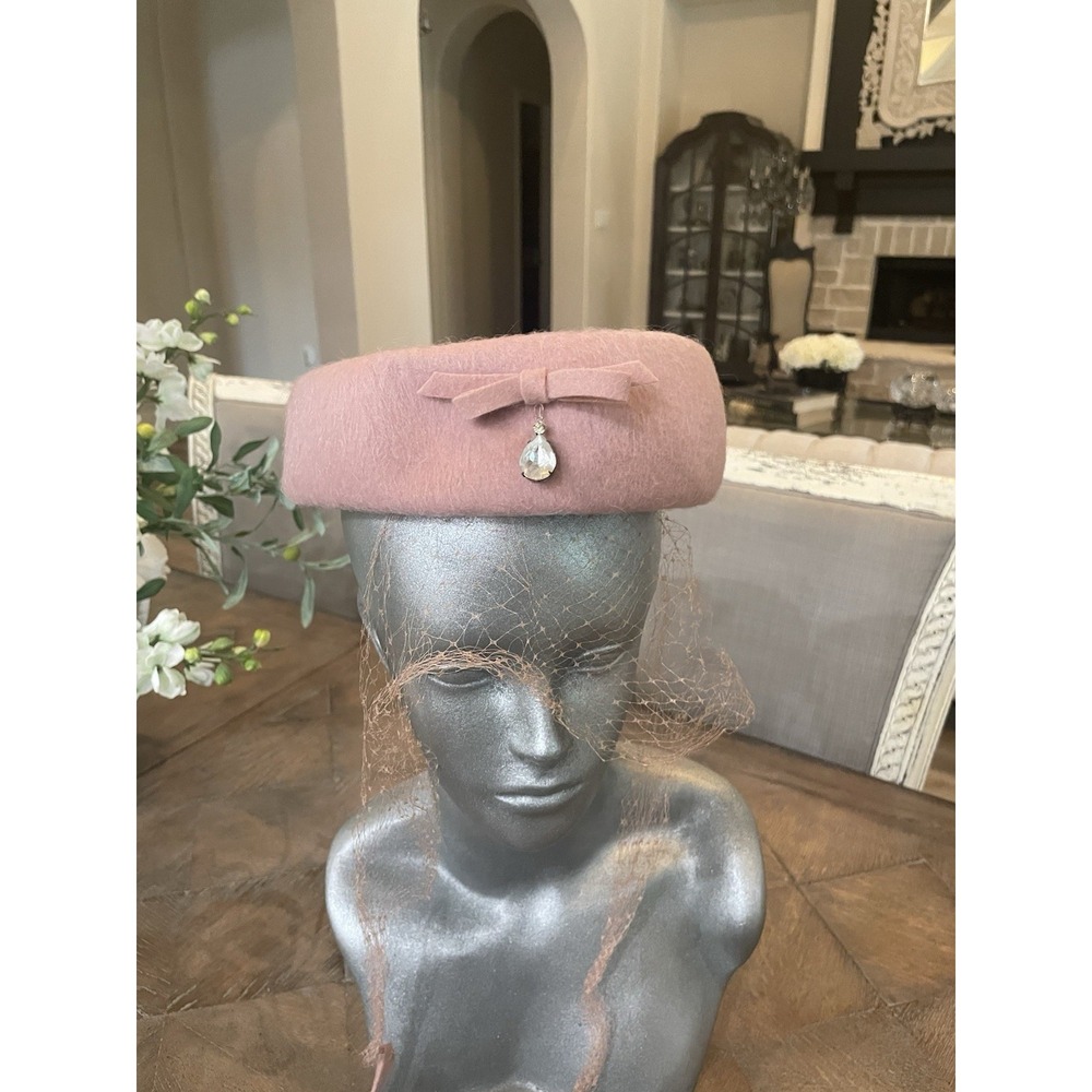 Vtg Ritz Pink Wool Pillbox Hat Bow Rhinestone Net Veil Henry Pollak Inc. NY